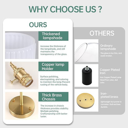 Shenmoyl Battery Operated Wall Sconce with White Striped Shade Pattern Glass Adjustable Chain Retro Gold Wall Mounted Light, Modern Wall Lamp Fixtures Decor for Bedside Bedroom Indoor Doorway