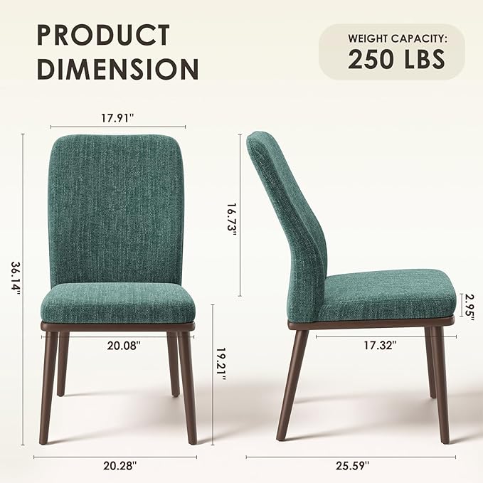 MALOL Upholstered Dining Chairs Set of 2, Modern Kitchen Chairs with High Back, Padded Fabric Dining Room Chair with Solid Wood Legs for Restaurant/Cafe/Home, Green