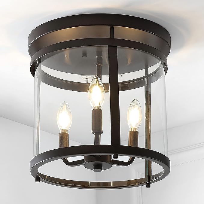 JONATHAN Y 12.5" Oil Rubbed Bronze 3-Light Iron and Glass Flush Mount, Modern Farmhouse Rustic Vintage Lantern for Kitchen Bedroom Entryway, UL Listed, LED Bulbs Included JYL7503A