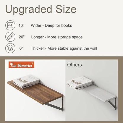 Fun Memories 20 Inch Floating Shelves, Deep Wall Shelves for Kitchen, 20 x 10 Floating Shelf for Living Room, Bedroom, Farmhouse Floating Shelves for Home Decor Storage, Walnut, Set of 2