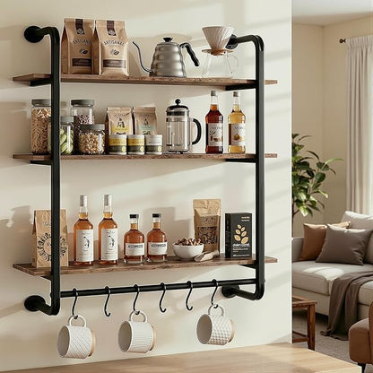 3 Tier Industrial Pipe Floating Shelf, 24" Kitchen Wall Shelves with Towel Bar & 6 Hooks, Coffee Bar Shelves Display Bookshelf Wall Shelf for Kitchen, Bathroom, Home Décor, Rustic Brown