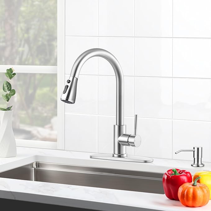 Herogo Brushed Nickel Kitchen Sink Faucet Set with Pull Down Sprayer and Soap Dispenser, Stainless Steel Rv Outdoor Kitchen Faucet for 1-3 Hole with Pop Up Drain, Deck Plate and Supply