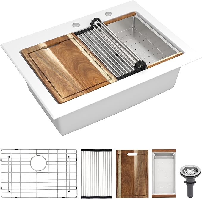 30 Granite Composite Kitchen Sink - Fulorni 30"x22" Granite Kitchen Sink Ledge Workstation Drop In Topmount White Quartz Classic Above Counter Single Bowl Basin
