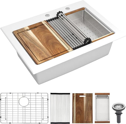 30 Granite Composite Kitchen Sink - Fulorni 30"x22" Granite Kitchen Sink Ledge Workstation Drop In Topmount White Quartz Classic Above Counter Single Bowl Basin