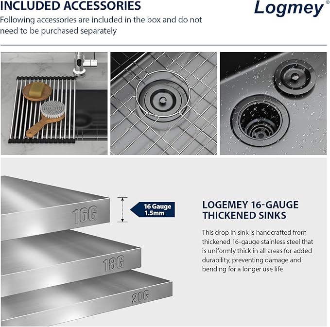 Logmey 23x18 Black Undermount Laundry Sink 23 Inch Laundry Room 12" Deep Sinks Handmade 16 Gauge Heavy Duty Stainless Steel Large Capacity Utility Washing Tub for Home & Commercial Use