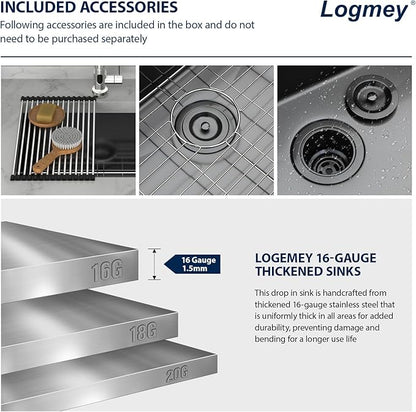 Logmey 23x18 Black Undermount Laundry Sink 23 Inch Laundry Room 12" Deep Sinks Handmade 16 Gauge Heavy Duty Stainless Steel Large Capacity Utility Washing Tub for Home & Commercial Use