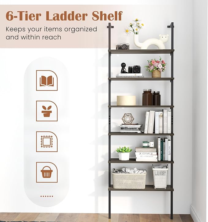 Giantex 6-Tier Ladder Shelves Set of 2, 72" Wall Mounted Bookshelf with Metal Frame, Industrial Open Storage Shelves, Wooden Bookcase Display Rack for Living Room, Home Office, Bedroom, Gray
