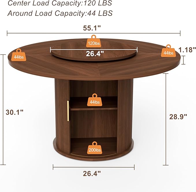 55 inch Round Dining Table for 4-6, Round Wooden Dining Table with Rotating Tabletop Tray & Sliding Door Base, Modern Farmhouse Kitchen Table with 2 Tier Storage Shelf for Kitchen Living Room, Walnut