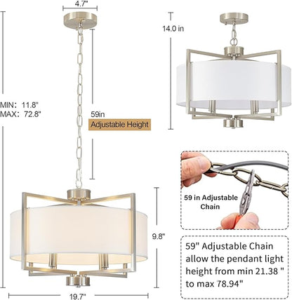 19.7'' Drum Chandeliers for Dining Room, 4-Light Brushed Nickel Rustic Kitchen Island Pendant Lighting with Wihte Fabric Lampshade, Adjustable Hanging Light Fixture for Foyer Bedroom Living Room