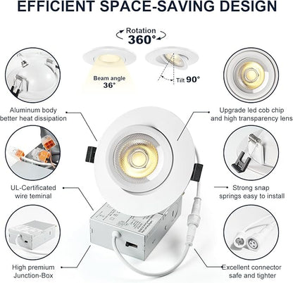 6 Pack White 4-inch 5 CCT Gimbal LED Recessed/Downlight Color Selectable 2700K/3000K/3500K/4000K/5000K 800Lm 9W 120V Dimness Adjustable LED Lights