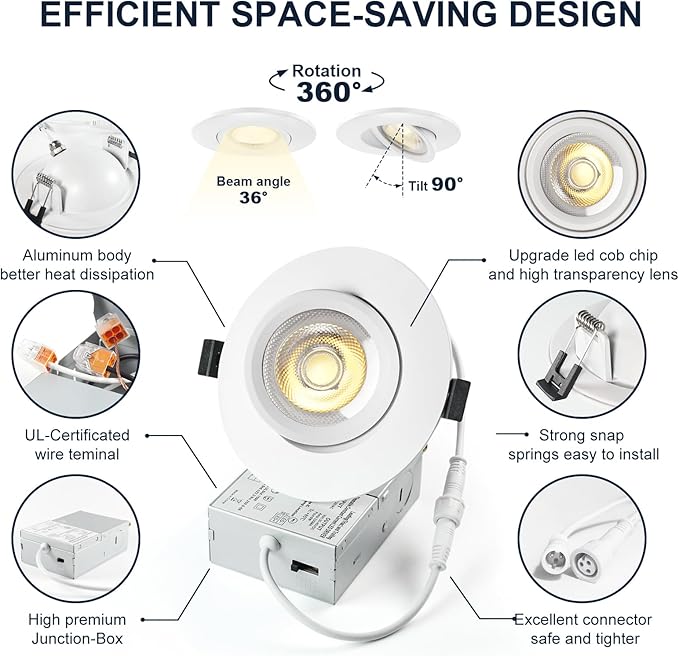 4 Pack White 4-inch 5 CCT Gimbal LED Recessed/Downlight Color Selectable 2700K/3000K/3500K/4000K/5000K 800Lm 9W 120V Dimness Adjustable LED Lights