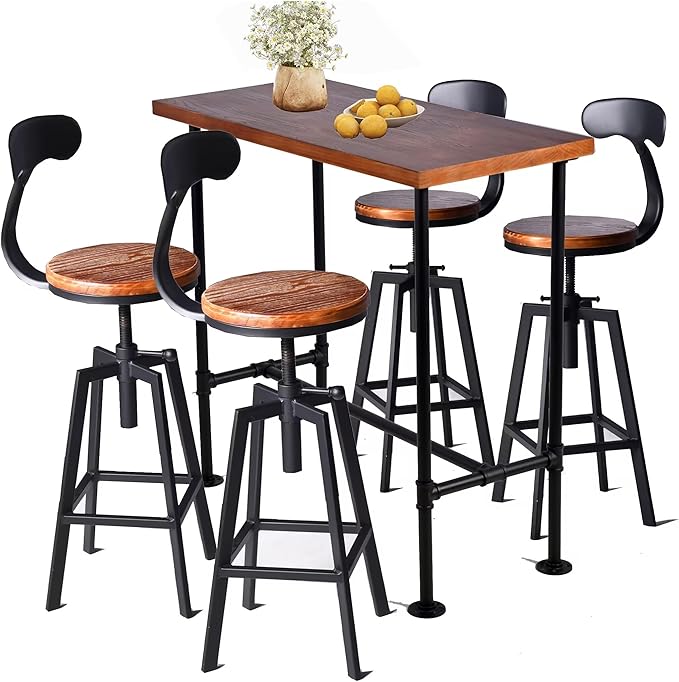 Diwhy 5 Piece Bar Table and Barstool Set Industrial Rectangular Pipe Dining Pub Bar Desk and Kitchen Counter Height Adjustable Stool with Iron Backrest Black(1 Table + 4 Chairs)