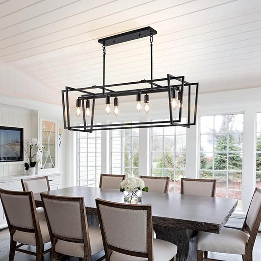 WJShome Black Chandelier, 8-Light Farmhouse Chandeliers for Dining Room, Modern Rectangle Kitchen Island Lighting, Linear Pendant Lights Kitchen Island, Dining Room Light Fixtures Over Table