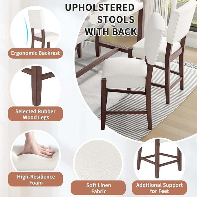 Mid Century Modern Stools Set of 4 Off White Rubber Wood Elegance Kitchen Island Dining Room Cozy Living