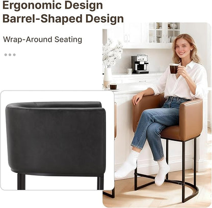 24" Counter Height Bar Stools Set of 4, Modern Barrel Counter Stools with Backrest and Arms, Faux Leather Upholstered Accent Barstools with Metal Legs for Kitchen Island,Black