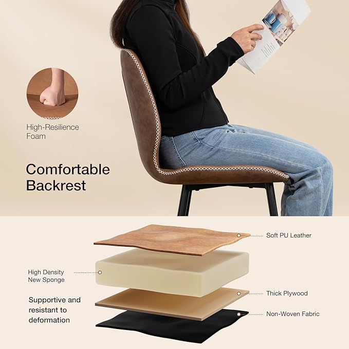 HOMMPA Counter Height Bar Stools Set of 2 Faux Leather 24'' Countertop Stool Chairs with Metal Legs Ergonomic Back Barstools for Kitchen Island Home Brown