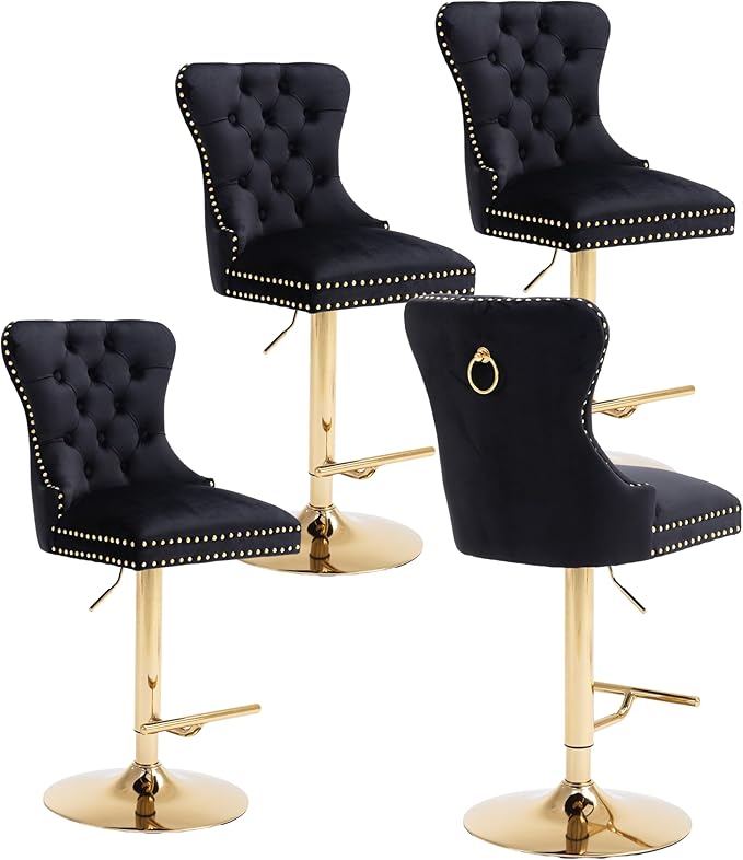 Rhomtree 27-36 Inch Swivel Bar Stools, Adjustable Counter Height Barstools with Tufted High Back & Ring Pull Golden Footrest, Upholstered Bar Chairs for Home Bar Kitchen Island(Black Set of 4)