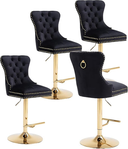 Rhomtree 27-36 Inch Swivel Bar Stools, Adjustable Counter Height Barstools with Tufted High Back & Ring Pull Golden Footrest, Upholstered Bar Chairs for Home Bar Kitchen Island(Black Set of 4)