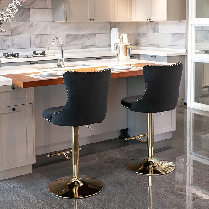 Rhomtree Velvet Swivel Bar Stools Upholstered Bar Stool with Button Tufted Back and Pull Ring Height Adjustable Barstools 25-33 Inch for Home Pub and Kitchen Island (Black with Gold Base, Set of 8)