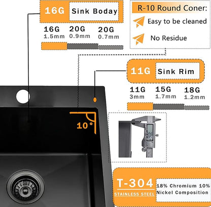 VCCUCINE 18x18 Inch Gunmetal Black Bar Sink Drop in,18 Inch Topmount RV Small Kitchen Sink, Handmade Stainless Steel Wet Bar Sink, Outdoor Single Bowl Prep Sink with Drain