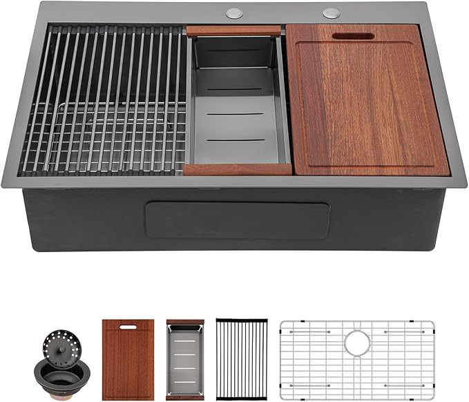 Sarlai 33 Black Kitchen Sink Drop In - 33" x 22" Kitchen Sink Drop In Workstation Topmount Gunmetal Black Stainless Steel 16 Gauge Single Bowl Over Counter Sinks Basin