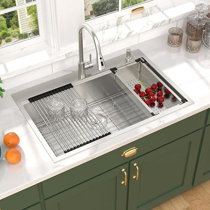 30" Drop In Kitchen Sink with Faucet Combo - 30x22 Inch Workstation All-In One 16 Gauge Stainless Steel Single Bowl Topmount Over Counter Sink For Kitchen with Accessories #TLT-0019
