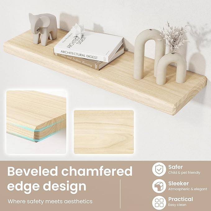 Axeman 24Inch Natural Wood Floating Shelves for Wall|Rustic Wooden Shelves for Bedroom Kitchen Bathroom|Storage Shelf with Invisible Bracket for Wall Mounted|Set of 2|Natural Color
