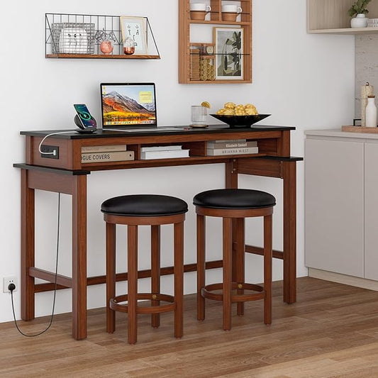 COSTWAY 3 Pieces Bar Table Set with Power Outlet, 36” Counter Height Bar Table with 2 Upholstered Bar Stools, Pub Table Set for Kitchen, Dining Room, Living Room, Small Space (Black + Walnut)