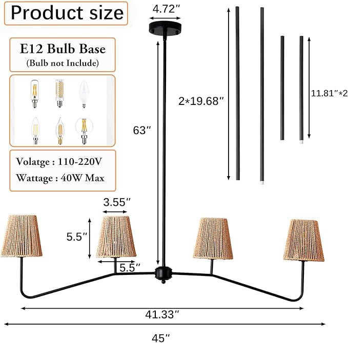 45" W Rattan Farmhouse Kitchen Island Lighting,Industrial Linear Chandelier, 4-Light Pendant Lighting for Kitchen Island Dining Room