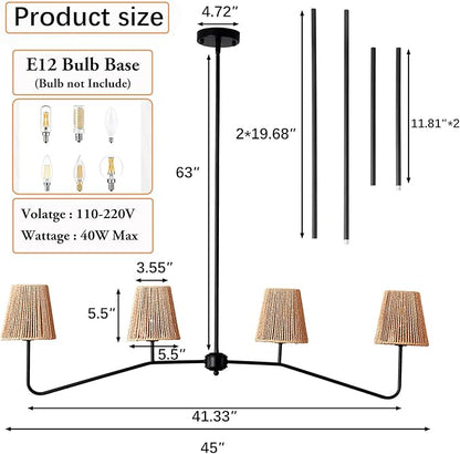 45" W Rattan Farmhouse Kitchen Island Lighting,Industrial Linear Chandelier, 4-Light Pendant Lighting for Kitchen Island Dining Room