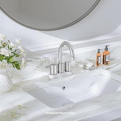 Phiestina 4 Inch Centerset 2 or 3 Holes 2 Handle Chrome Lead-Free Bathroom Faucet, Swivel Spout with Copper Pop Up Drain and 2 Water Supply Lines, BF015-1-C