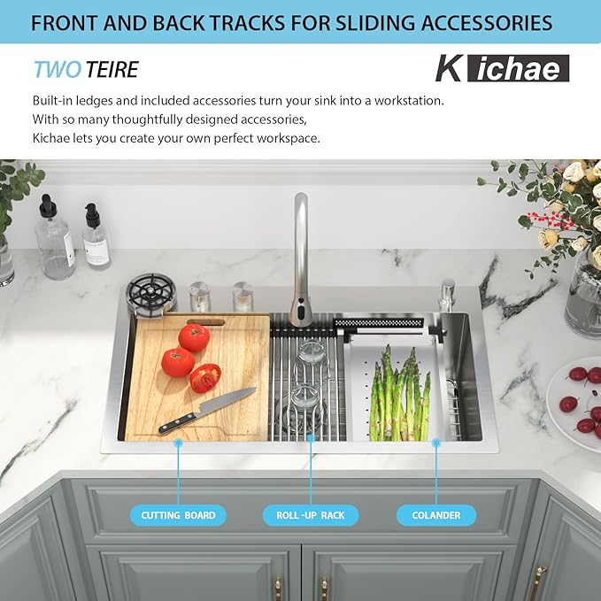 Kichae Drop In Kitchen Sink Waterfall - 33x19 Workstation Kitchen Sink Waterfall Stainless Steel 16 Gauge Luxury Handmade Single Bowl Drop Sinks with Glass Rinser