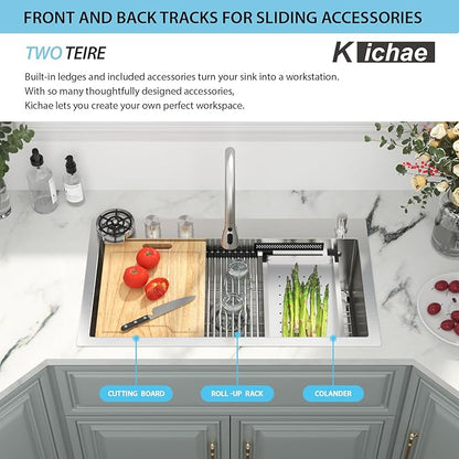 Kichae Drop In Kitchen Sink Waterfall - 33x19 Workstation Kitchen Sink Waterfall Stainless Steel 16 Gauge Luxury Handmade Single Bowl Drop Sinks with Glass Rinser