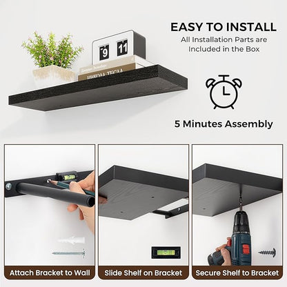 Dreamland 16 Inch Long Floating Shelves in Black,6.7 Inch Deep Floating Shelf for Wall,Large Display & Storage Shelf, Wall Shelf for Bathroom Bedroom Living Room Kitchen Office，Set of 2