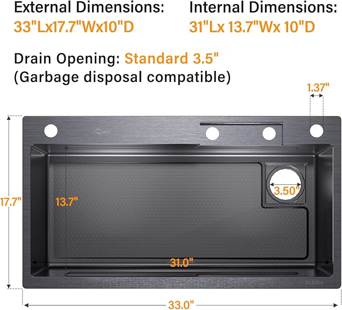 33x17.7" Drop In Kitchen Sink with Faucet, 10" Basin Depth Undermount Kitchen Sinks, Stainless Steel Sink with Cup Washer, Drain Strainer, Cutting Board, Colander, Storage Basket & Roll-up Rack