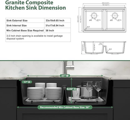 33 Black Undermount Kitchen Sink Granite Composite Quartz Double Bowl Workstation Sinks Low Divide Ledge Under Counter Large Deep Classic Basin,33"x19"x10"