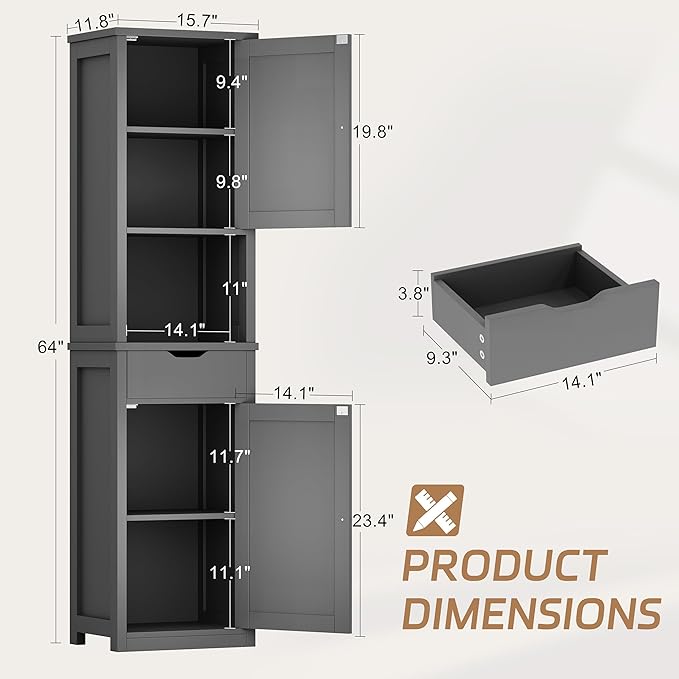 Shintenchi Tall Bathroom Storage Cabinet, Slim Corner Floor Cabinet with Doors and Drawer, Freestanding Narrow Bathroom Organizer with Adjustable Shelves for Small Space, Gray