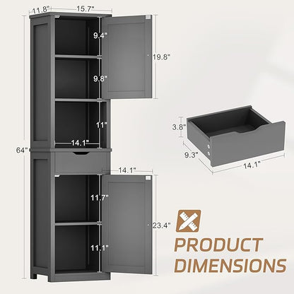 Shintenchi Tall Bathroom Storage Cabinet, Slim Corner Floor Cabinet with Doors and Drawer, Freestanding Narrow Bathroom Organizer with Adjustable Shelves for Small Space, Gray
