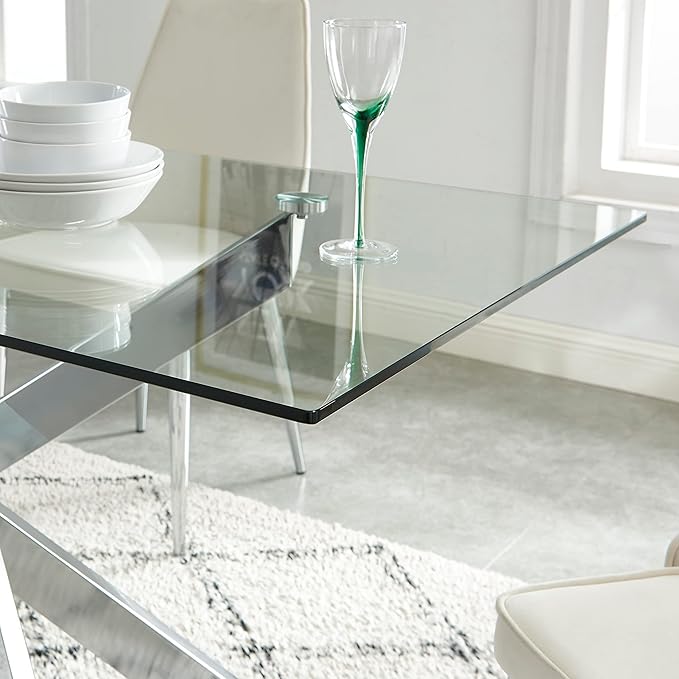 Edwin's Choice 58.5” Rectangle Glass Dining Table, Tempered Glass Tabletop and Metal Tubular Legs, Modern Style Table for Home, Kitchen, Dining Room 58.5”Lx29”Wx30”H, Silver (Table Only)