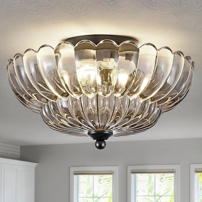 Modern Black Ceiling Light Fixture, 12" Grey Glass Flush Mount Chandeliers, Semi Flush Mount Ceiling Light Fixture Suitable for Living Room Hallway Kitchen Bedroom