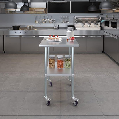 Stainless Steel Work Table with Wheels | NSF Kitchen Island Food Prep | Laundry Garage Utility Bench (Table + Wheels, 24" Long x 30" Deep)