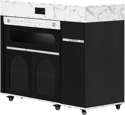 73.8''Kitchen Island with Extendable Dining Table for 4-6 Rolling Kitchen Island w/ Power Outlet | Multiple Storage Space Mobile Folding Storage Cart w/ Brake Lock for Dining Room,Black + Marble White