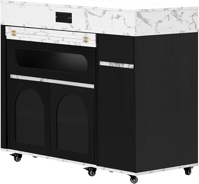 Modern Extendable Dining Table with Folding Top, Rolling Kitchen Island with Storage Drawers & Cabinet - Space Saving Sturdy Frame Furniture for Kitchen & Dining Room, Easy Assembly,Black-WhiteMarble