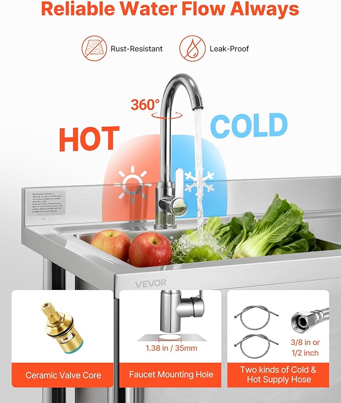 VEVOR Stainless Steel Utility Sink, Free Standing Single Bowl Commercial Kitchen Sink with Faucet, 39.4 x 19.7 x 37 in, Utility Right Basin with Hot & Cold Water Pipe for Garage, Restaurant, Laundry