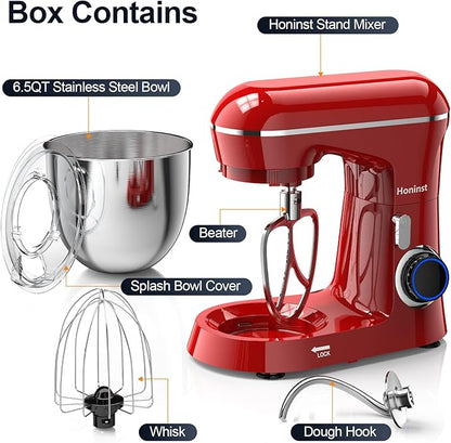 Honinst Stand Mixer, 6.5QT 10-Speed Tilt-Head Electric Stand Mixer, 3-In-1 Kitchen Mixer with Bowl, Dough Hook, Whisk and Beater, Food Mixer for Baking, Cake and Most Home Cooks, Red
