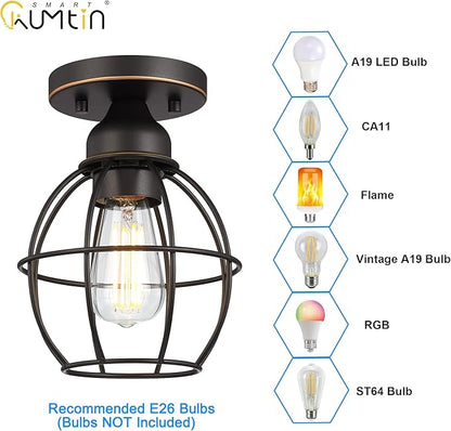 Farmhouse Ceiling Light Fixture, Vintage Semi Flush Mount Ceiling Light, Small Metal Cage Lighting Lamp for Hallway Entryway Kitchen Porch, Oil Rubbed Bronze Finish, 2-Pack
