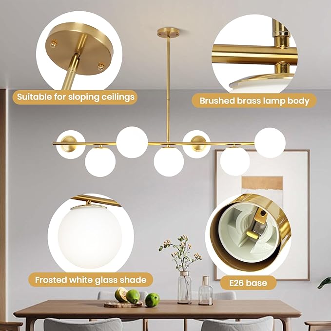 KELUOLY Linear Chandelier for Dining Room, 7-Light Gold Mid Century Pendant Light, 45" Modern Sputnik Kitchen Light Fixture Brushed Brass Finish with White Glass Lampshade for Office, Cafe, bar