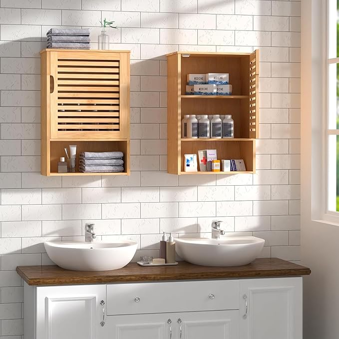 Bathroom Wall Cabinet with Single Door, Bamboo Medicine Cabinet Wall Mounted, Bathroom Storage Cabinet with Adjustable Shelf