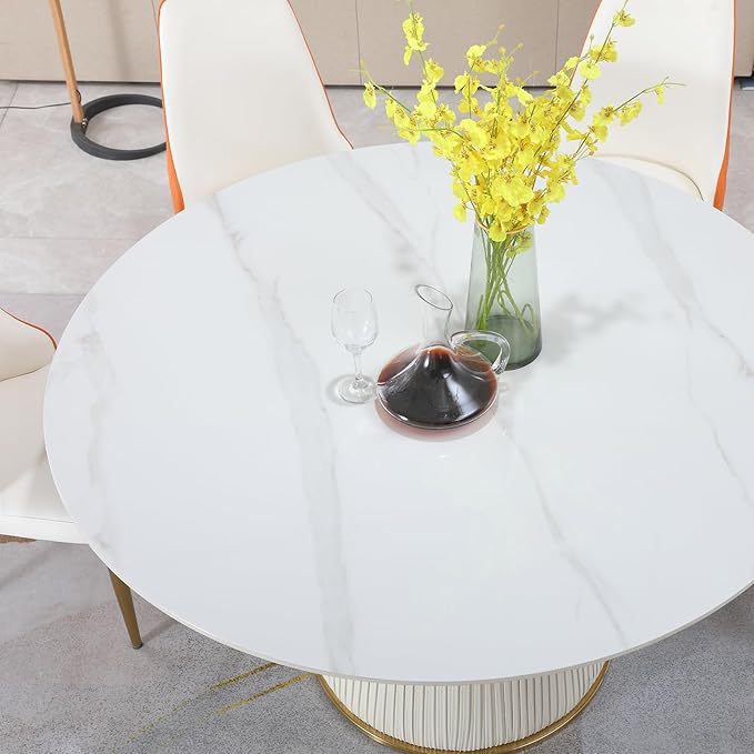 Modern 53" Round Dining Table Sintered Stone Top, Luxury 4-6 Person Kitchen Table with Metal Wood Leather Base, Easy Assembly Circular Dinner Table for Large Family