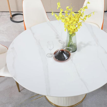 Modern 53" Round Dining Table Sintered Stone Top, Luxury 4-6 Person Kitchen Table with Metal Wood Leather Base, Easy Assembly Circular Dinner Table for Large Family